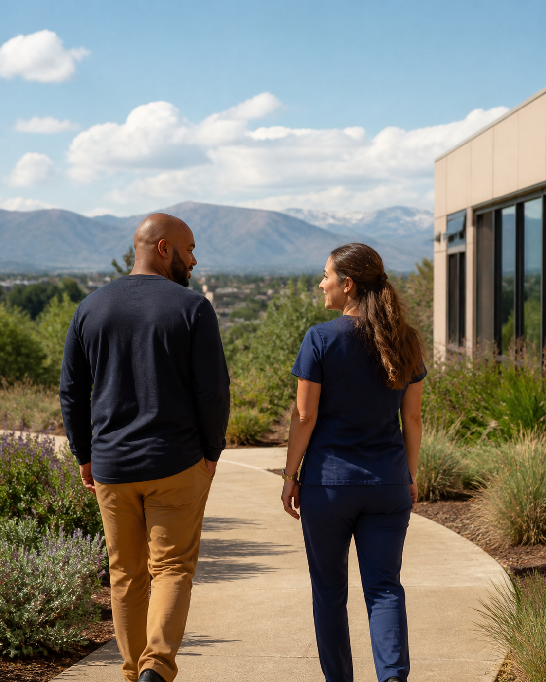 clinician and client walking outdoors