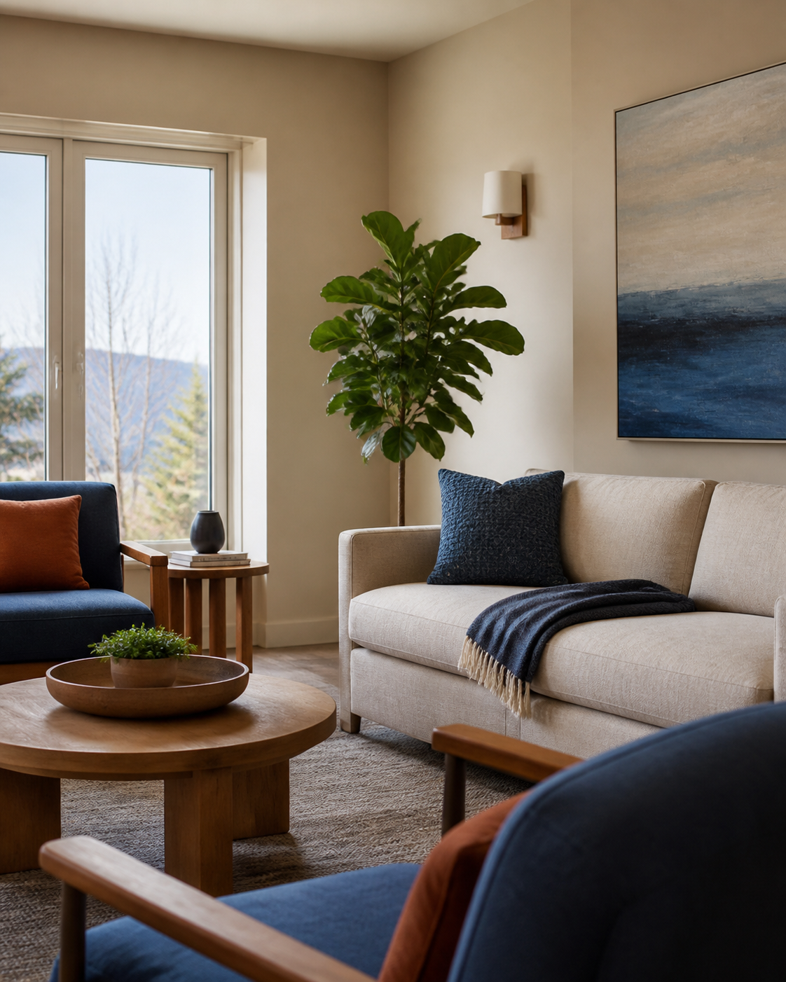 quiet common area, plants and soft light