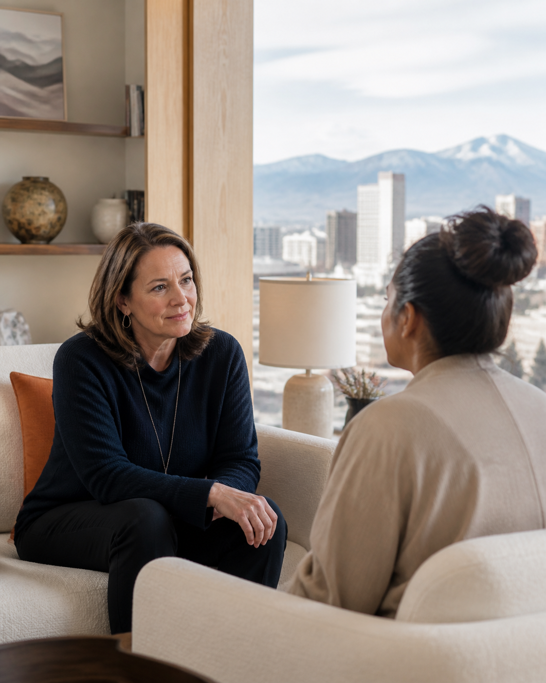 Clinician listening during a confidential treatment planning conversation